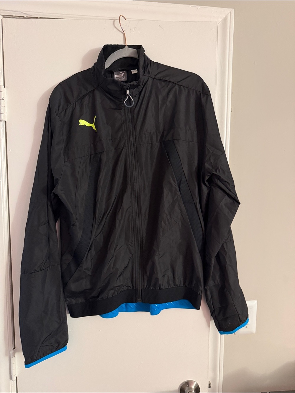 Puma Black Windbreaker with Neon Yellow Logo and Blue Trim